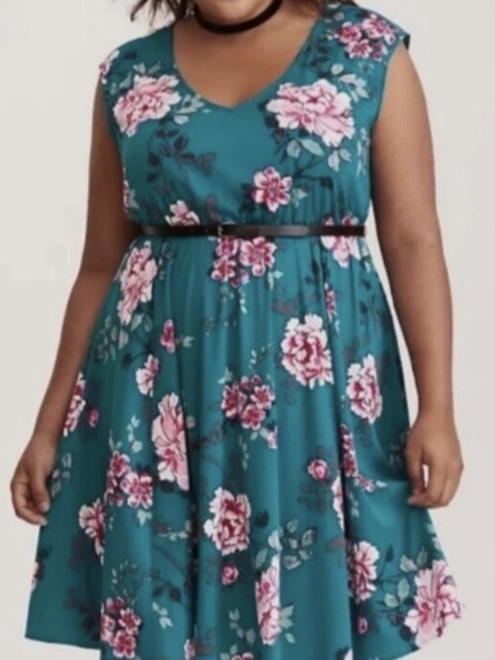 Torrid Skater Floral Teal V-Neck Sleeveless Dress (No Belt)